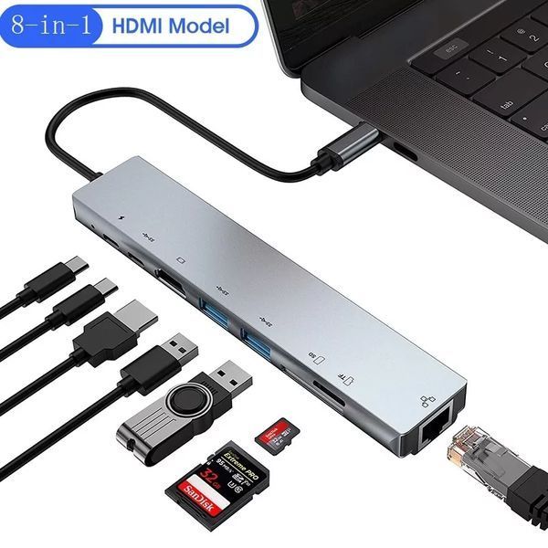 USB концентратор для MacBook Type-C на 8-Port USB TypeC 3.0 Mini Hub SD, TF, RJ 45 ИГ716 фото