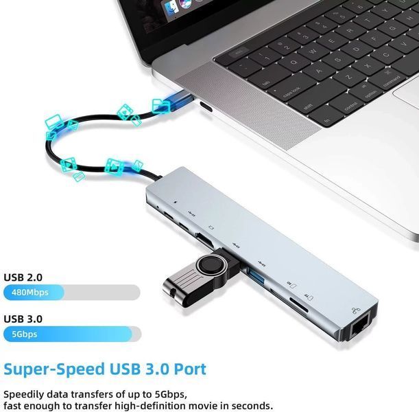USB концентратор для MacBook Type-C на 8-Port USB TypeC 3.0 Mini Hub SD, TF, RJ 45 ИГ716 фото